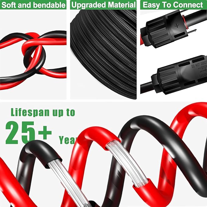 Twin Wire 70 Feet Solar Extension Cable 10AWG with -IP67- Female and Male Connector, Bonus Four Pairs of Free Connector Solar Panel Adapter kit Tools (6 Pairs connectors)