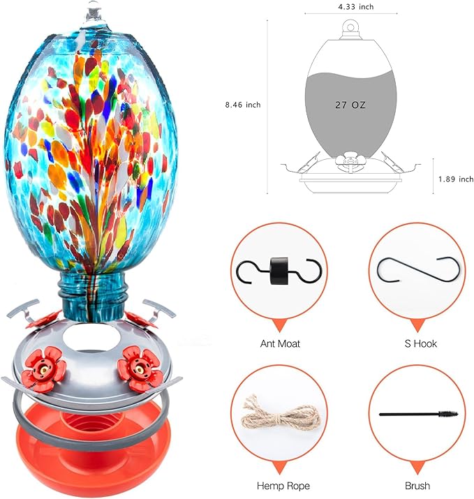 Muse Garden Glass Humming Bird Feeders for Outdoors - 27OZ Blown Glass Hummingbird Feeder - Unique Gift Mom Women, Outdoors Hanging Garden Decor, Includes Ant Moat & Brush, Blue Fireworks