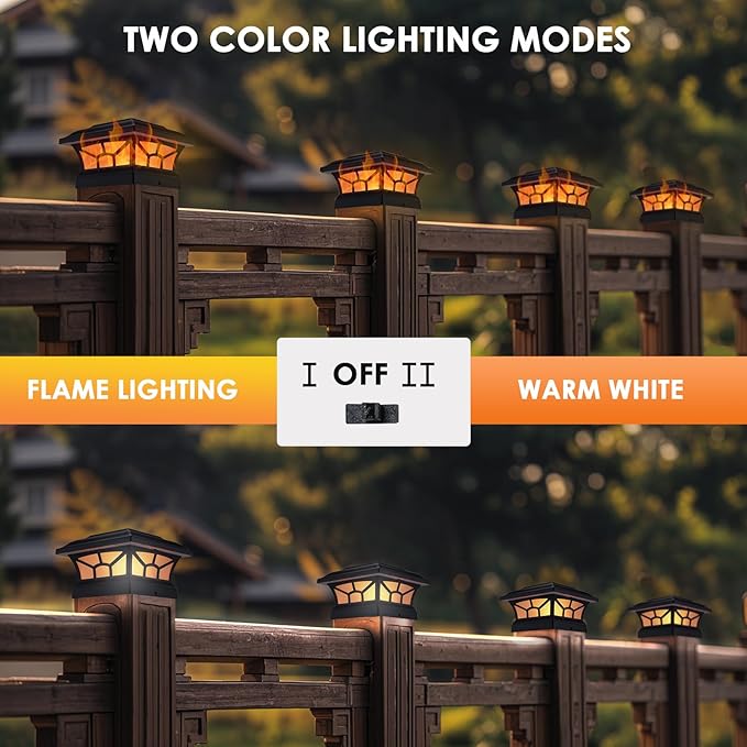 8 Pack Solar Post Cap Lights Outdoor Flickering Flame & Warm White, Fits 4x4 5x5 6x6 Wooden or Vinyl Posts, Waterproof Solar Fence Deck Lights for Yard Garden Patio Decoration.