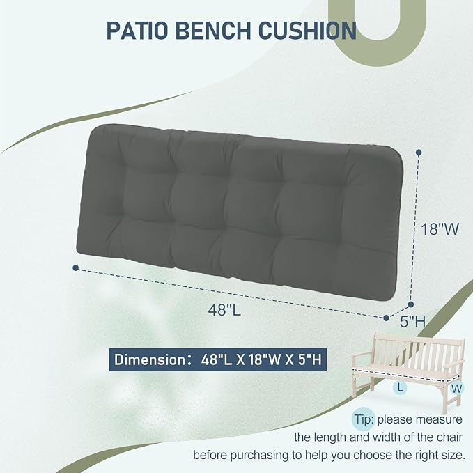 downluxe Outdoor Bench Cushion for Patio Furniture, Water Resistant Tufted Overstuffed Porch Swing Cushions, Thick Outdoor Loveseat Cushions, 48" X 18" X 5", Dark Grey, Set of 1