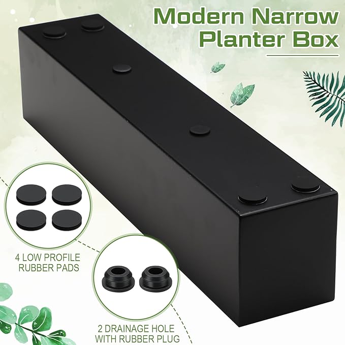 FillTouch 1 Pcs Long Rectangular Planter Box Window Sill Plant Box Metal Water Trough Indoor Large Modern Steel with Drainage Holes Herb Garden Home (16.1 x 3.2 x 3.5 Inch,Black)