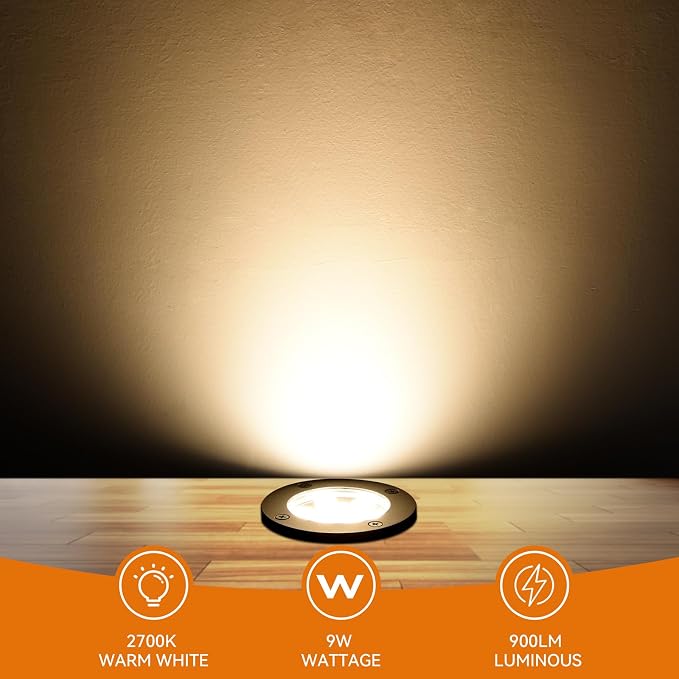 9W Low Voltage Landscape Lights, AC/DC 12-24V In-Ground Lights IP68 Waterproof 2700K Warm White Outdoor Well Lights for Yard Pathway Driveway Deck(6 Pack)
