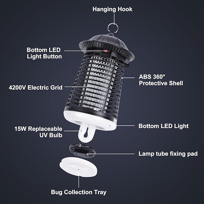 Bug Zapper Outdoor/Indoor,Mosquito Zapper 4200V High Powered Waterproof Electronic Mosquito Killer,15W UVA Mosquito Lamp Bulb,Fly Traps Patio Insects Killer (Black and White) (Dark Black)