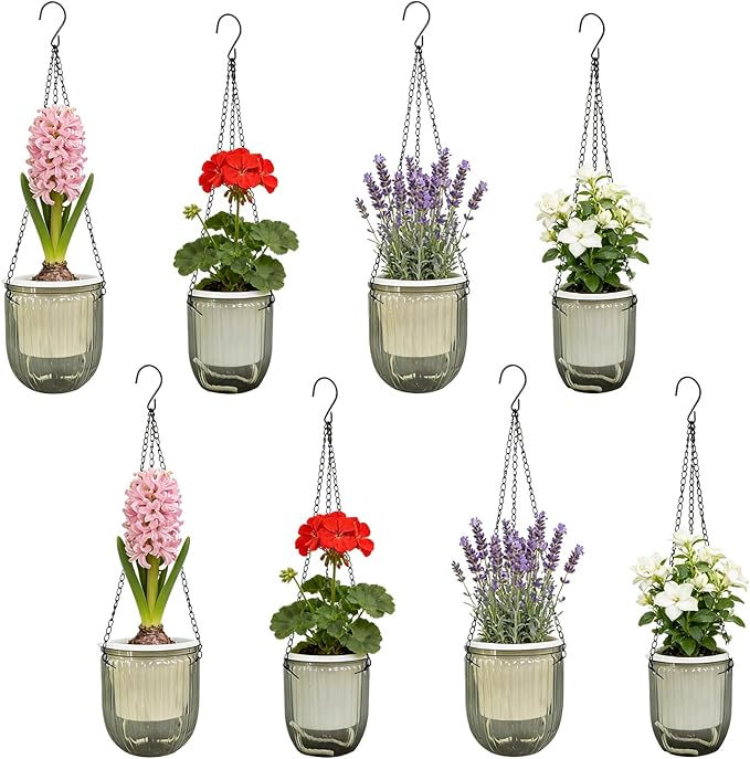 8 Pcs Self Watering Hanging Planters with 3 Hooks Drainage Holes 6.5'' 4.5'' Self Watering Plant Baskets Hanging Flower Pots for Outdoor Indoor Gift Home (Gray)