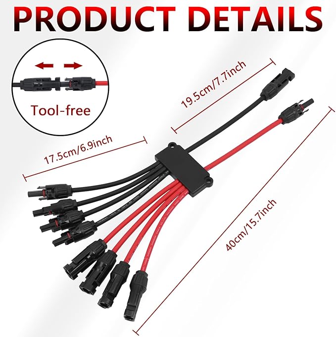 Solar Parallel Connectors for 4 Solar Panels, Tool-Free Solar Panel Connectors Cable 2 to 8 Y Branch Parallel Adapter, IP68 Waterproof Wires Splitter 10AWG for Solar Cable Extension(FMMMM/MFFFF)