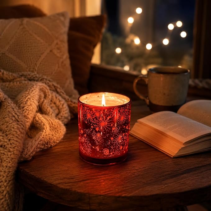Viyffo 12oz Heat-Activated LED Light Up Scented Candle - Mulled Wine, Non Toxic Soy Candle in Decorative Red Glass Jar, Night Light Candle for Bedroom, Bathroom & Living Room, Novelty Gift for Women