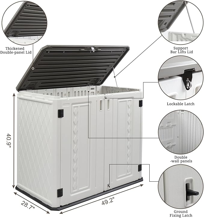 VINGLI Outdoor Horizontal Storage Shed Waterproof with 34 Cubic Feet Storage Space, 50” x 29” x 41” Patio Storage Cabinets for Garbage Cans, Bike, Tools， Deck Box for Yard, Porch, Garden, White