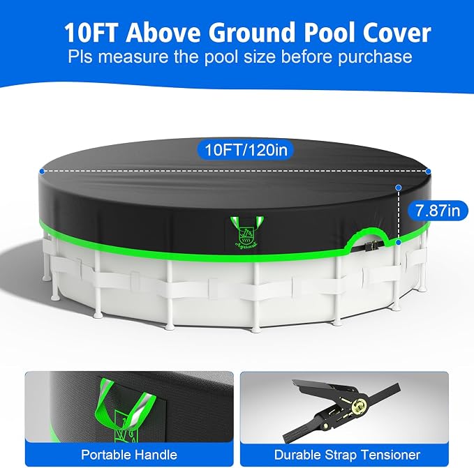 10ft Round Pool Cover, 420D Heavy Duty Above Ground Pool Cover with Sturdy Strap Ratchet Tensioner & Reflective Handles, Enhance Windproof, Side Seamless Tear Resistant, Weather Protection