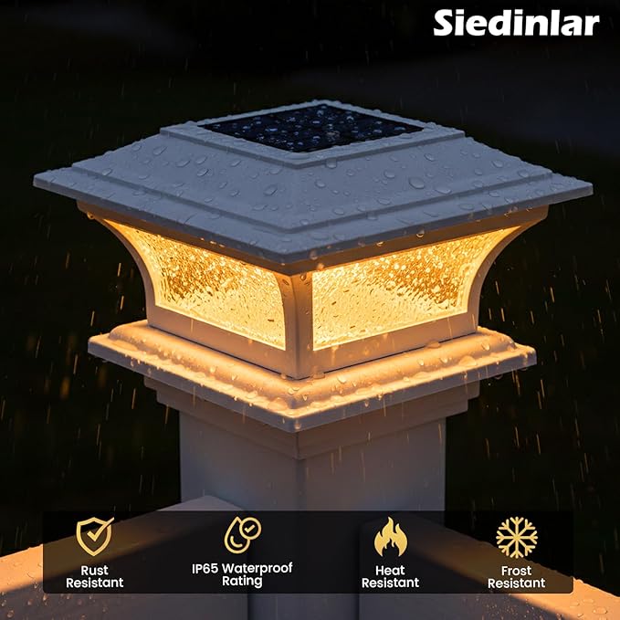SIEDiNLAR Solar Post Cap Lights Outdoor Glass LED Fence Deck Light 2 Modes for 4x4 5x5 6x6 Vinyl Wooden Posts Patio Garden Decoration Warm White/Cool White Lighting White (6 Pack)