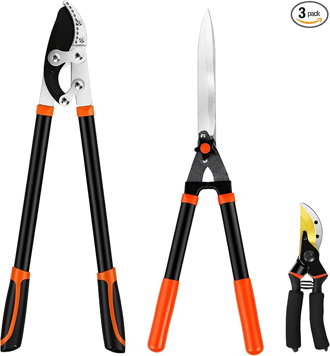 EWPJDK Loppers Hedge Shears & Pruners Combo Set 3-Piece Hedge Clippers, Heavy Duty Tree & Shrub Care Kit for Yard, Lawn & Garden, Professional Branch Cutter Tree Trimmer (Orange)