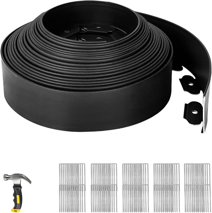 SPECILITE Landscape Edging 4 in x 66 FT, Flexible No-Dig Garden Border with 100 Galvanized Steel Stakes & Hammer, Landscaping Edging Kit for Garden Flower Beds, Yard, Lawn, Pathways, Black