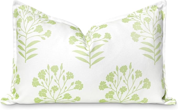 Hofdeco Premium Coastal Patio Indoor Outdoor Lumbar Pillow Cover Only, 12"x20" Water Repellent for Backyard, Couch, Green Print Floral
