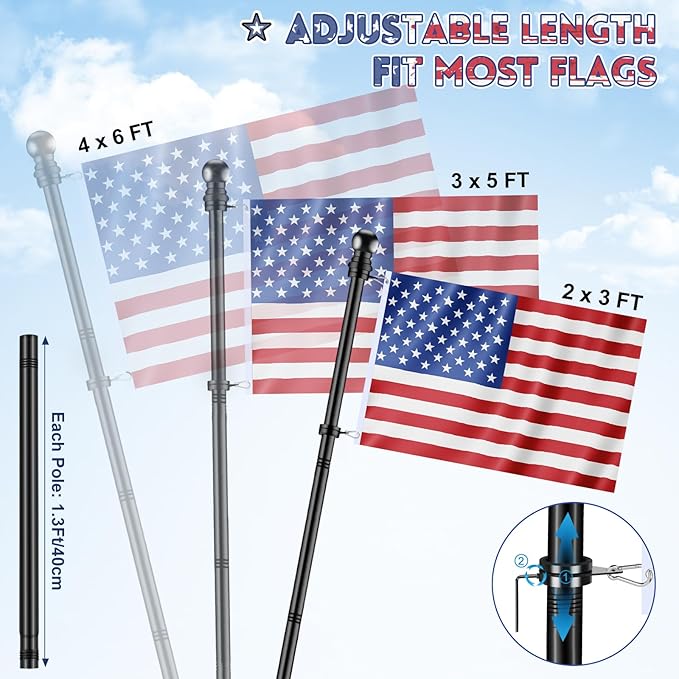 Flag Pole for Outside House Porch Wall Mount, REERON 7 FT No Tangle Stainless Steel Spinning Flagpole Kit with 360° Rotating 1" Metal Flag Pole Rings Clips for 3x5' 4x6' American Flag, Without Bracket