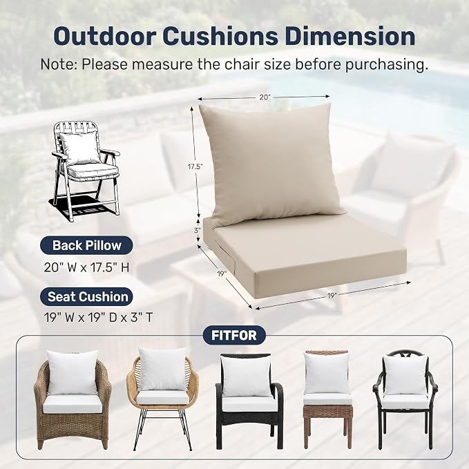 UNIKOME Outdoor Seat Cushions 19 X 19 Inch - Water-Resistant & Fade Resistant, Removable Cover Patio Furniture Cushions for Chair, Sofa, Couch, Wicker, Beige