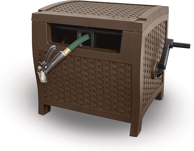Suncast 175 ft. Wicker Style Resin Hose Hideaway with Hose Guide, Java & 33 Gallon Hideaway Can Resin Outdoor Trash with Lid Use in Backyard, Deck, or Patio, 33-Gallon, Brown