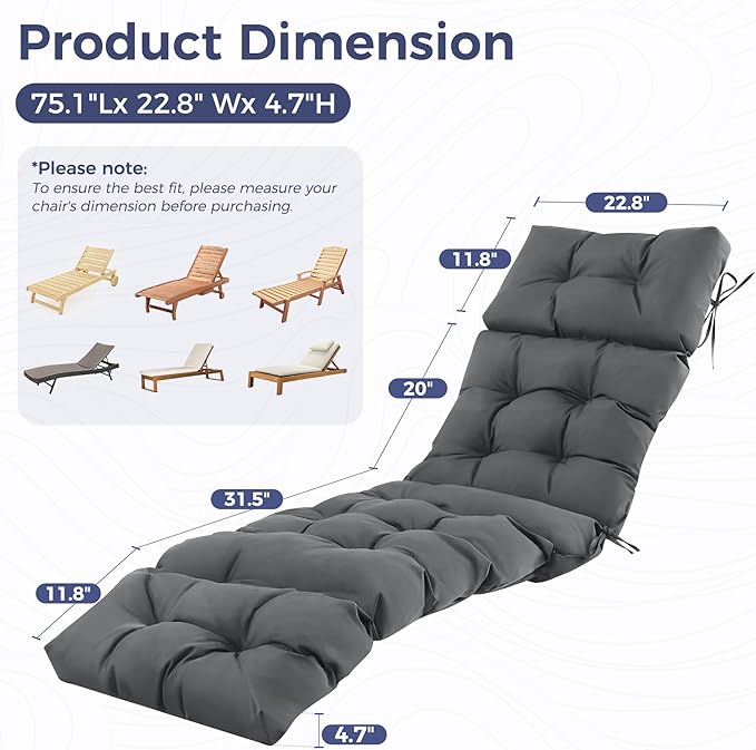 Outdoor Chaise Lounge Cushions 75.1x22.8x4.7 Inch, Waterproof Lounge Chair Cushions for Pool, Patio, Deck, Lawn, Fade Resistant Lounge Cushions for Outdoor Furniture with Ties, Dark Grey