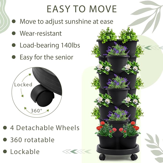 Umigy 1 Set Black 7 Tier Stackable Vertical Planters with Removable Wheels and Tools Tower Planters Strawberry Herb Flower Vegetable Pots Indoor Outdoor Gardening Pots