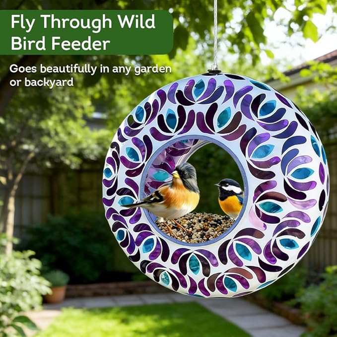 Lily's Home 8 Inches Glass Mosaic Hanging Bird Feeder for Outdoors Fly-Through Large Bird Feeder for Outdoor Garden Decor Backyard, Animals Lovers Gift, Purple and Blue