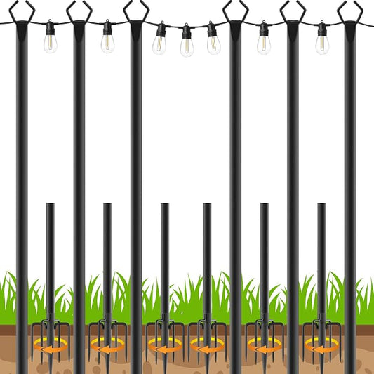 6 Pack10 FT String Light Poles,Metal with Fork Lights Poles for Outdoor String Light, Rustproof Heavy Duty for Outside Garden,Patio,Wedding,Backyard,Deck,Party