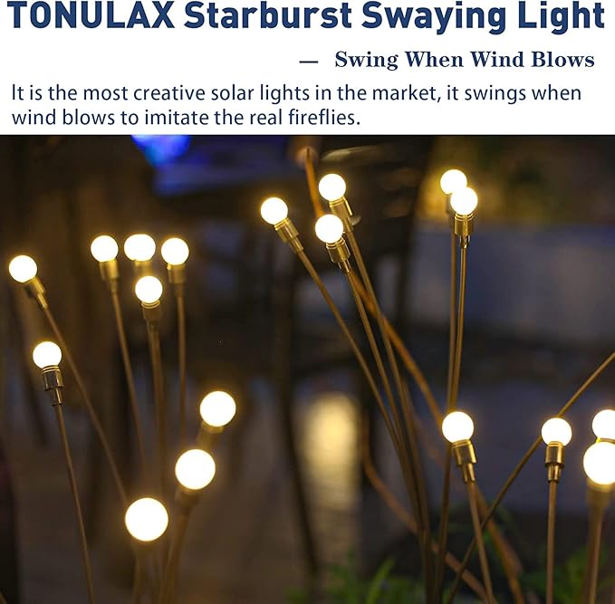 TONULAX Solar Garden Lights - 6 Pack Upgraded Solar Swaying Light, Sway by Wind, Outdoor Lights, Yard Patio Pathway Decoration, High Flexibility Iron Wire & Heavy Bulb Base, Warm White