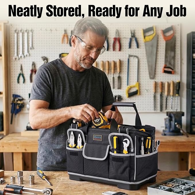 Tool Bag, Ounic 20 Inch Large Tool Tote Bag Heavy Duty With Waterproof Molded Base, Wide Mouth Tool Box Organizer with Adjustable Shoulder Strap for Electrician Mechanic Craftsman Plumbers(Black)