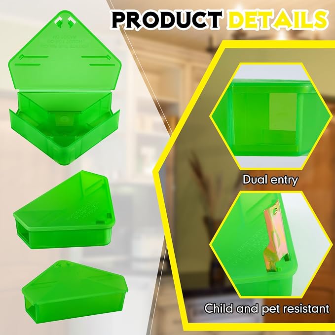 Qualirey 24 Pcs Mice Station with Key Triangle Mouse Station Lockable Reusable Bait Box, Enclosed Design for Indoor and Outdoor Use, Suitable for Small Mice (Translucent Green)