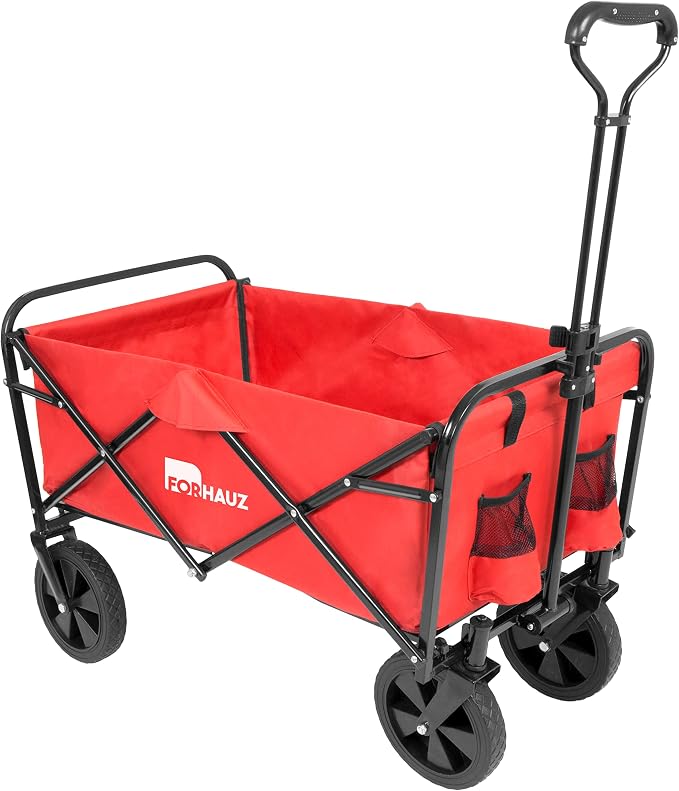 ForHauz Folding Collapsible Heavy Duty Wagon Cart with All-Terrain Wheels for Outdoor Utility, Beach and Garden, Red