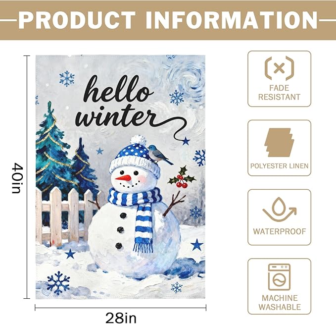 Hello Winter Snowman House Flag 28x40 Inch Snowflake January Decorative Garden Flags for Outside Double Sided Christmas Holiday Seasonal Outdoor Home Farmhouse Decoration Yard Porch New Year Decor