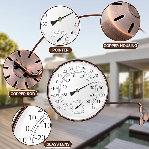 6 Inch Analog Outdoor Thermometer Hygrometer, Solid Copper Weatherproof Large Dial with Swivel Mount, No Battery Mechanical Gauge for Patio Garden Greenhouse Garage Wall