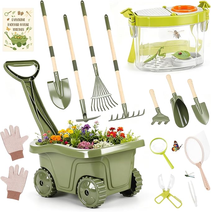 Dreamon Kids Gardening Tools & Bug Catcher Kit, 2-in-1 Outdoor Toys with Wheelbarrow and Bug House, STEM Educational Toys for 3 Year Old, Birthday Gifts Outdoor Gifts for Kids 3-5
