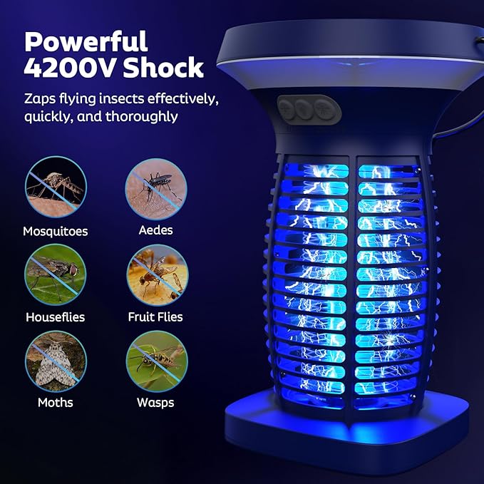 OnBeam Solar Bug Zapper Outdoor, Mosquito Zapper Outdoor Waterproof Electric Fly Zapper Rechargeable Mosquito Killer with Solar Panel, 4200V Fly Trap Indoor for Home Backyard, Patio, Garden, Camping