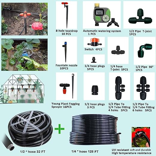 160Ft Drip Irrigation System for Garden with Water Timer, Main Water Hose ID 1/2inch 32Ft, 1/4in 131Ft, Sufficient Water Pressure, Irrigation Dripper Waterflow Evenly, Easy DIY Garden Watering System