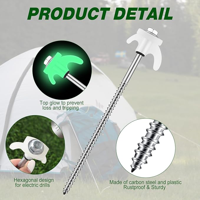 Yaocom 40 Pcs 8" Screw in Tent Stakes Heavy Duty Tent Stakes Drillable Ground Anchors Screw Metal Tent Pegs Threaded Tent Spikes with Head Driver for Swing Inflatable Decor (Illuminant White)