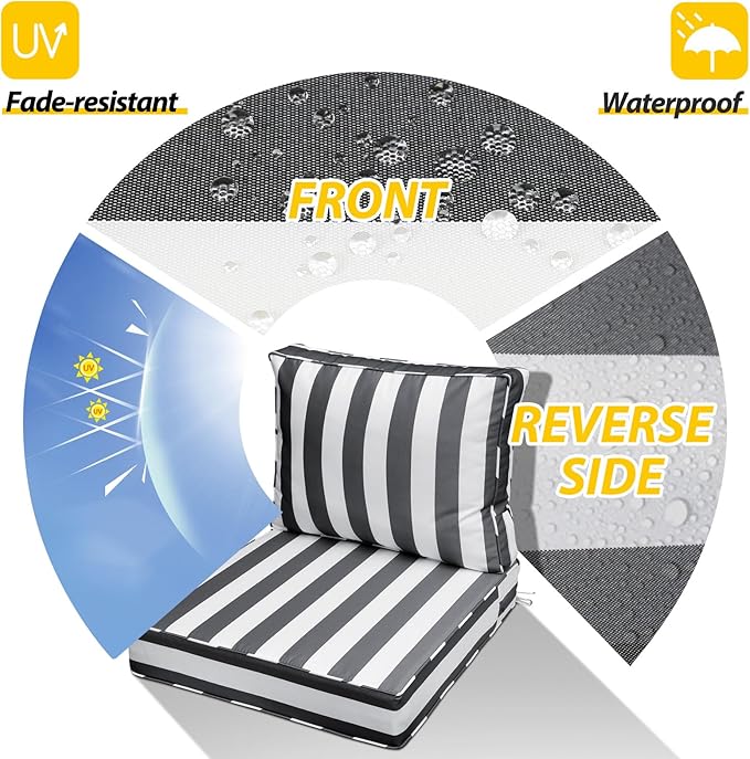 AAAAAcessories Outdoor Deep Seat Cushions with Double Welted Pillow, Waterproof, Fade-Resistant Patio Furniture Replacement Cushions, 24" x 24" x 5" + 24" x 19", Gray Cabana Stripe