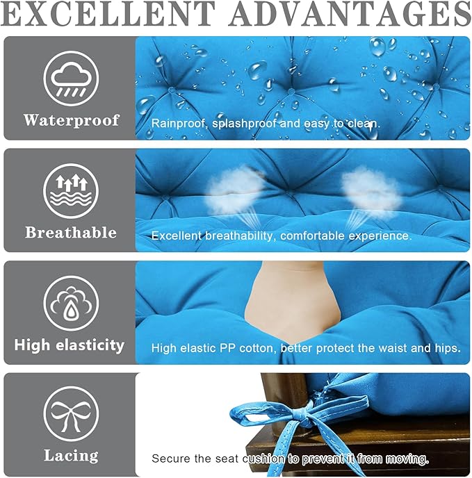 Porch Swing Cushions Outdoor, 5 Inch Thick Waterproof 2-3 Seater Replacement Swing Cushion with Backrest and Anti-Slip Ties, Perfect for Porch, Patio, Garden, Outdoor Bench Furniture, 60×40×5 Inch