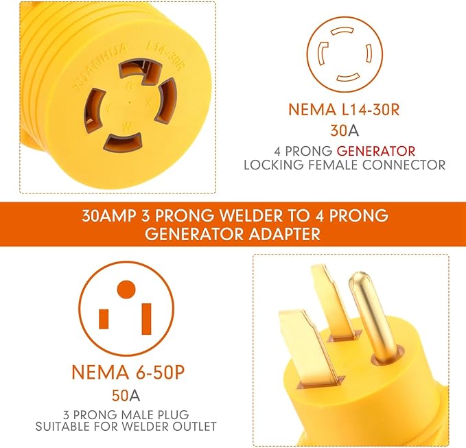 Kanayu NEMA 6-50P to L14-30R 30 Amp Welder Adapter, 50 A 6-50P Male to 30A L14-30R Female, 3 Prong Welding Outlet to 4 Prong Generator Locking Plug Generator to Welder Adapter