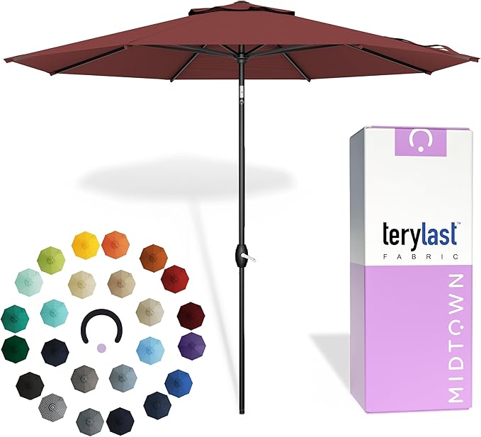 Midtown Umbrellas - 10-Year-No-Fade 6 Ft Patio Umbrella with Terylast Fabric, Auto-Tilt Aluminum Frame and 8 Reinforced Ribs for Deck, Pool, Garden & Beach - Burgundy Canopy, Black Pole
