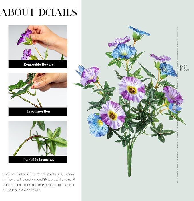Blue Purple Artificial Morning Glory Flowers for Outdoor Planters, Premium UV Resistant Silk Faux Flowers for Porch, Hanging Basket & Window Box, Cottage Garden Decor, No Pot, 13.3 Inch, 4 Bundles