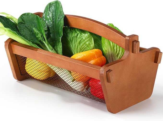 Teenyyou Garden Harvest Basket Mesh Storage with Handle Versatile Gardening Fruits Vegetables Gathering Basket Garden Supply Gardener Gift Spring for Washing Holding(Brown,13.4in)