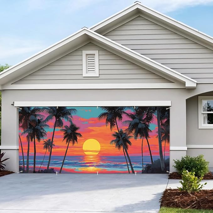 7 * 16FT Summer Garage Door Cover Decorations Sunset Palm Trees Garage Door Banner for Outdoor Indoor Summer Party Photography Backdrop (Summer Sunset, 7 * 16 ft)