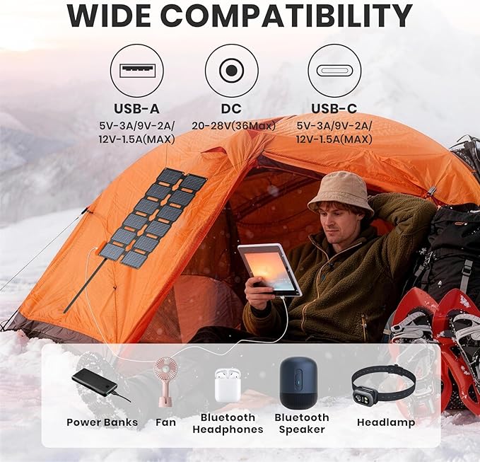 FlexSolar Portable 36W Solar Panel Charger with USB-A and USB-C Ports.1.3lbs,IP57 Waterproof and dustproof, Folded Solar Panel Compatible with Cellphone,Power Bank,Camping Light