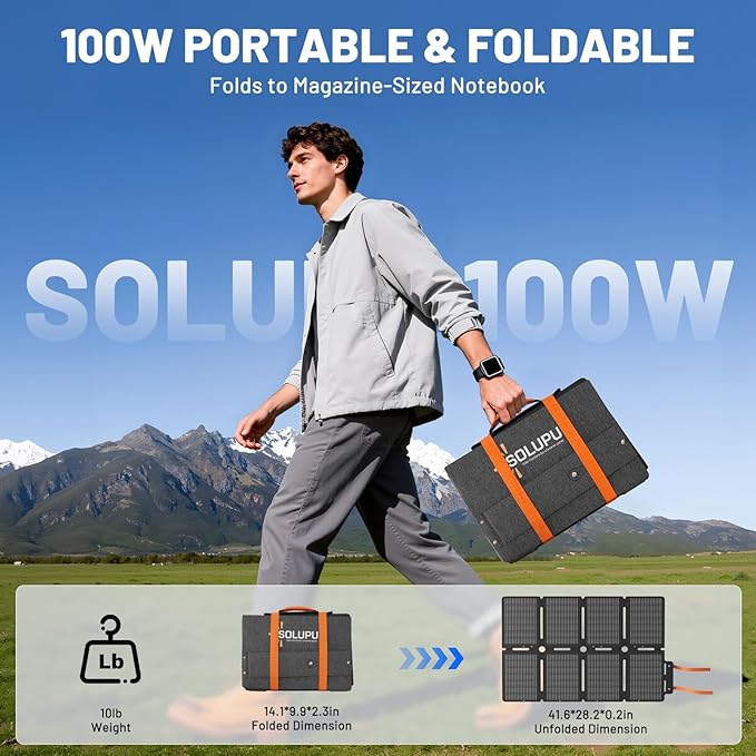 SOLUPUP 100W Portable Solar Panels-24% High Efficiency-Compact 8-fold Design MC-4 Output for Power Station Generator Power Banks RV & Emergency IP67 Waterproof for Camping RV Travel Outdoor Activities