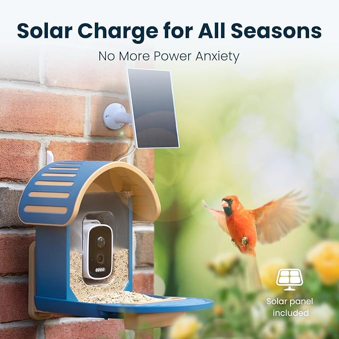 Smart Bird Feeder with Camera, 2.5K UHD Bird Feeder Camera Solar Powered, Sensitive AI Identification, Instant Alerts Capture Video, IP66 Waterproof for Outdoor, Ideal Gift for Mom, Blue