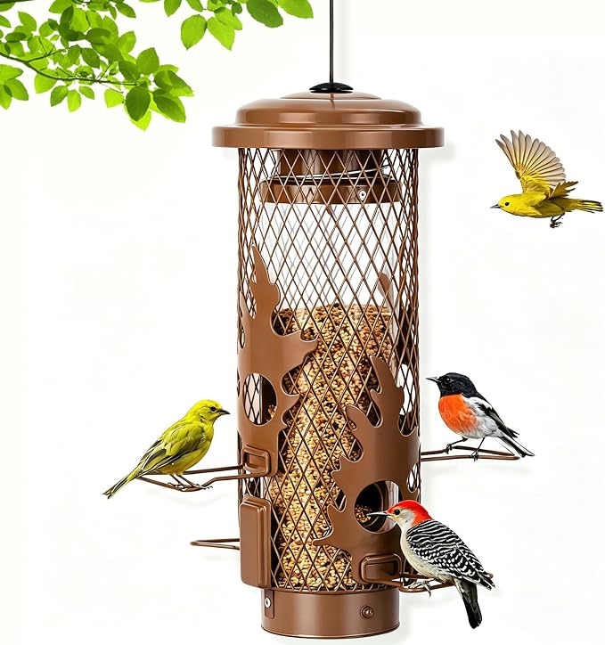 Gbekery Metal Bird Feeders Squirrel Proof for Outdoors Hanging, Brown | Metal Wild Bird Feeders for Small Birds with Weight Activated Perches, Weatherproof and Durable, Perfect for Backyard Garden
