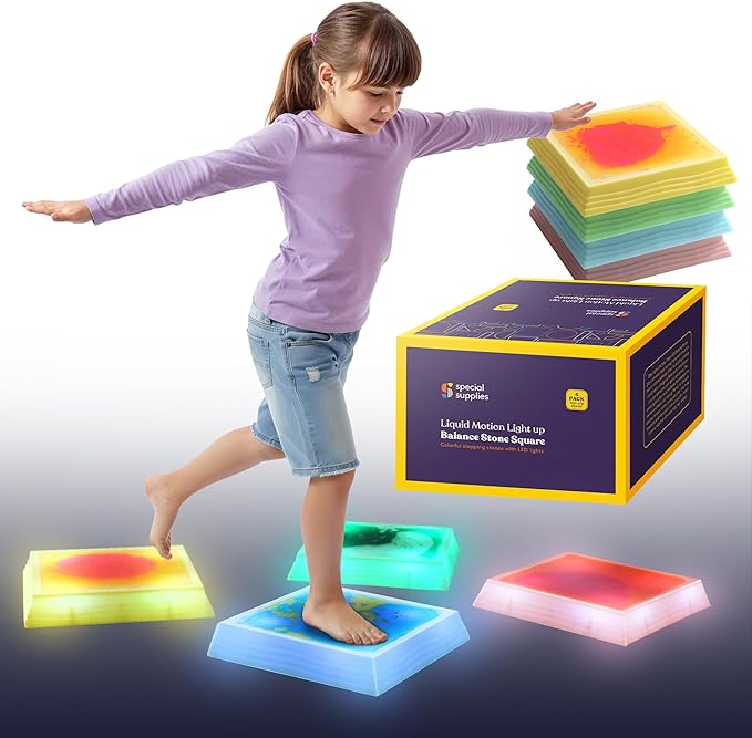 Special Supplies Liquid Gel LED Stepping Stones for Kids - Light-Up Square Balance Blocks - Promote Coordination, Balance, Strength for Toddlers & Children - Durable Non-Slip Rubber, Safe Indoor & Outdoor Play- 4 Pack