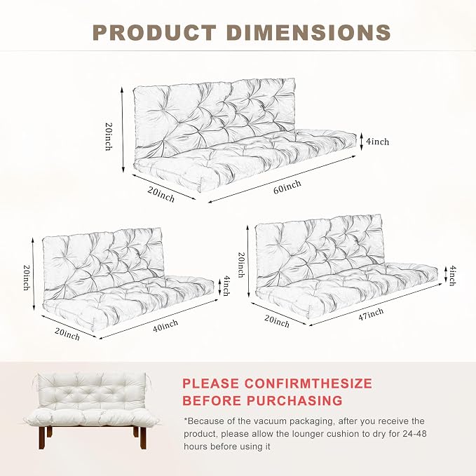 Porch Swing Cushion with Backrest,Waterproof Bench Cushion for Outdoor Furniture,2-3 Seater Replacement Thickened Swing Cushion with Ties,Patio,Outdoor,Backyard and Garden (Cream,47x40)