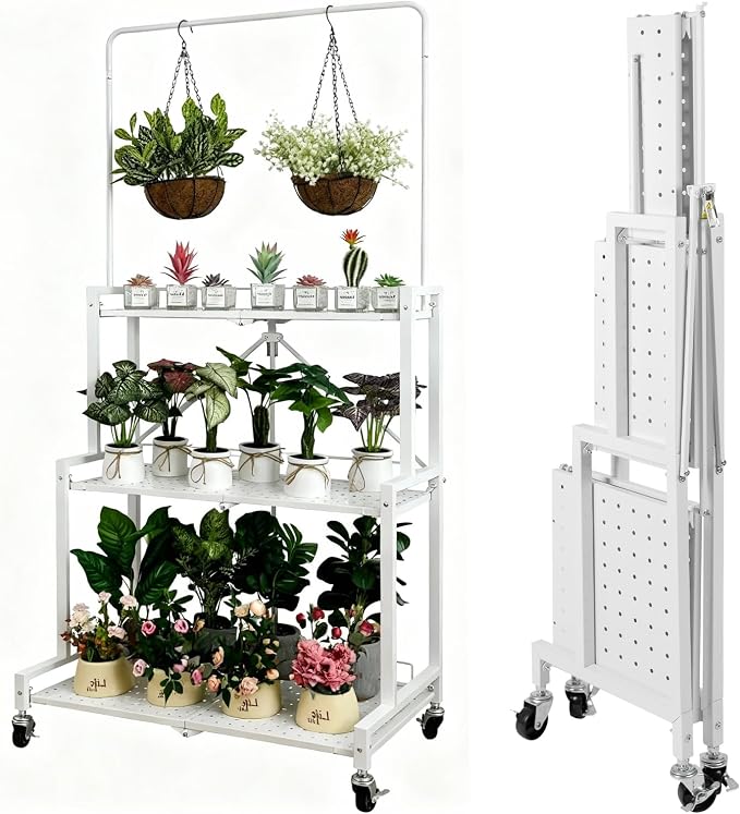 4-Tier Foldable Plant Stand with Wheels, No Tools Assembly, Sturdy Step Shelf for Indoor Outdoor Use, White – Organize Pots, Save Space, Roll & Store Easy