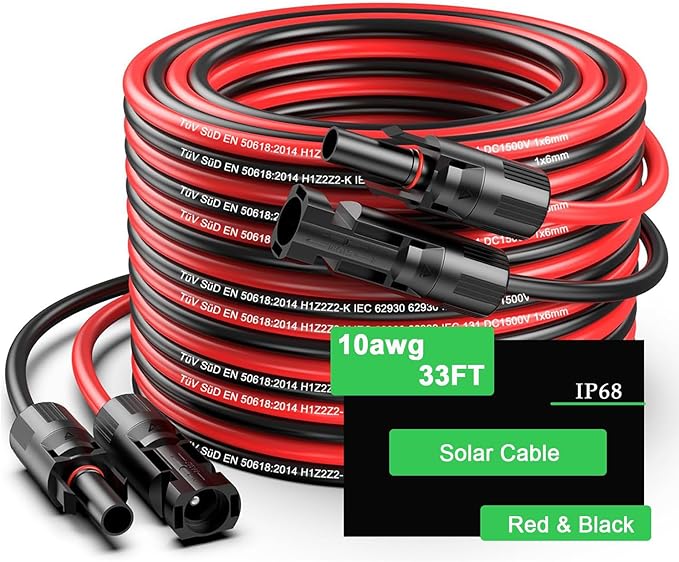 33Ft Solar Panels Extension Cables, 6mm² PV Cable with Male and Female Connectors, IP68 Waterproof, 10AWG Solar Wire