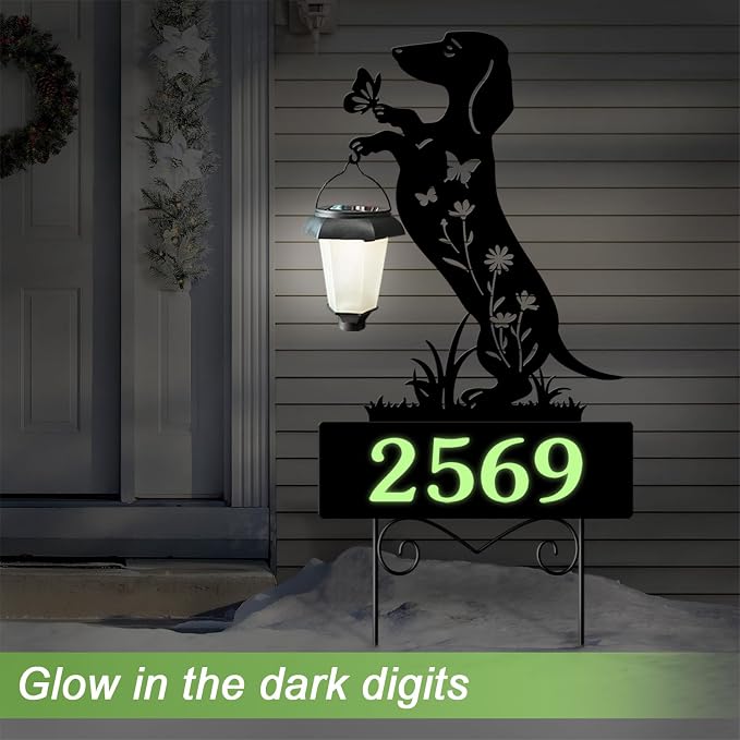 Solar House Numbers for Outside,Dachshund Address Signs for Houses Yard | Metal Dog Glow in The Dark Decorative Outdoor Ornaments for Garden Stakes,Lawn,Pathway,Patio