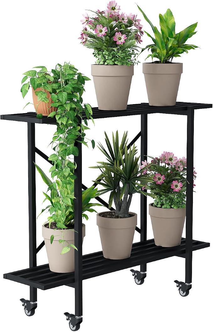 Zhongma 2 Tier Window Height Metal Sturdy Narrow Plant Stand with Wheels, Plant Stand Indoor and Outdoor, L35.43 x W10.3 x H29.9 inch, 440 LBS Capacity & Heavy Duty Construction.